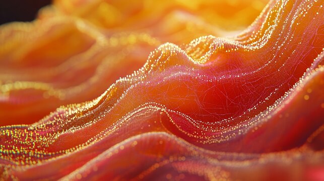Abstract orange and red wavy surface with glowing particles.