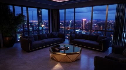 Elegant modern living room with city view at night interior design urban cozy contemporary ambiance