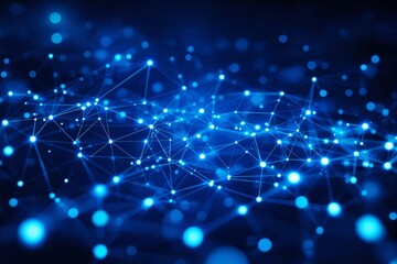 Fototapeta premium Visual of glowing blue interconnected points and lines forming a network on a dark background, depicting futuristic technology or data flow. Ai generative