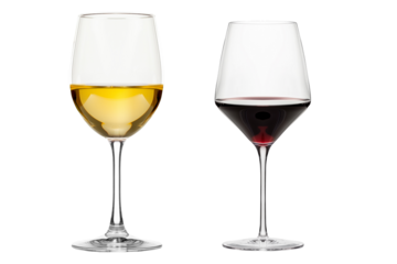Pair of red and white wine glasses isolated on white transparent background. Rose wine splashing in glassware