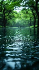 Fototapeta premium Raindrops Falling into Calm Water in a Lush Green Forest