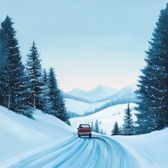 Red car driving on snowy road in winter mountains.