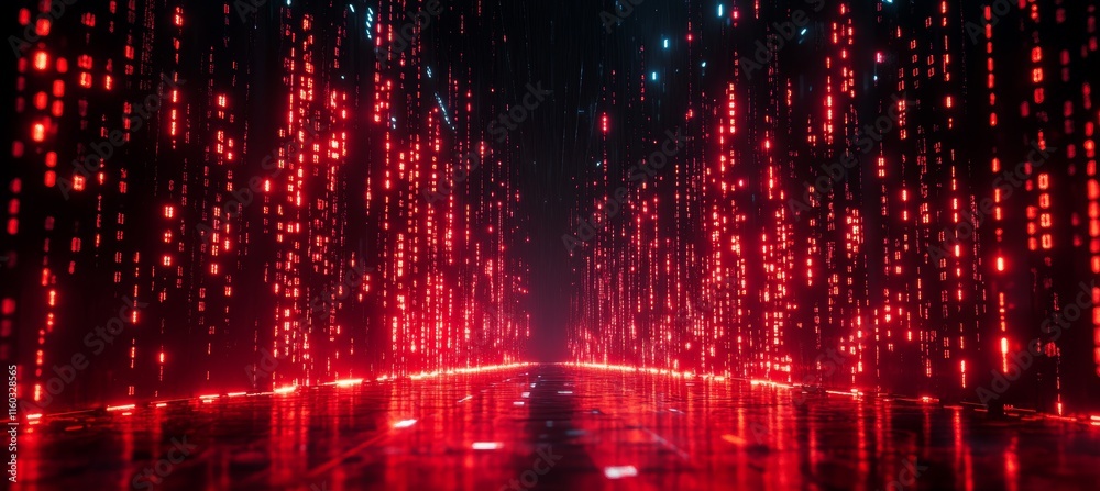 Poster Red matrix virtual portal tunnel. Generative AI technology.	
