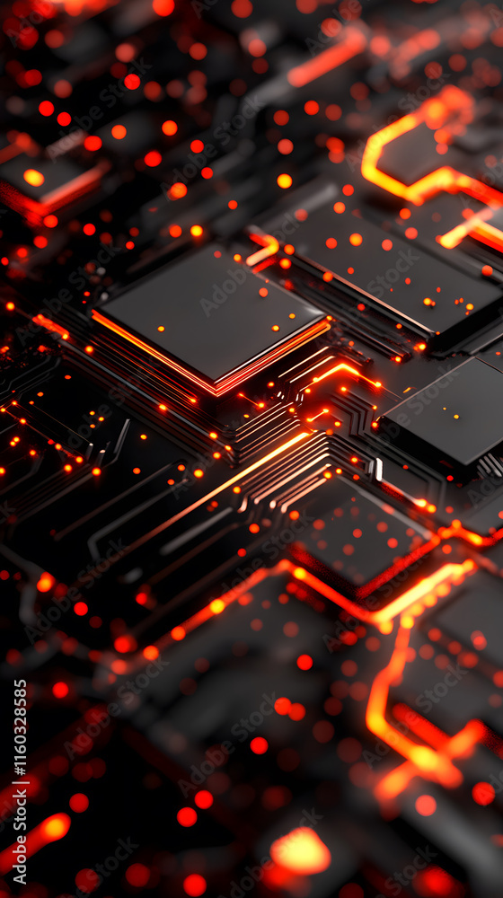 Aufkleber abstract close-up of a circuit board with glowing orange lights and dark elements