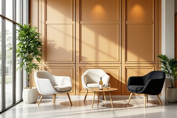 Modern interior with stylish chairs, round table, and potted plants near a large window, featuring warm wooden paneling. Concept of luxury. Ai generative