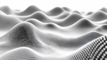 Abstract grayscale 3D rendering of undulating hills, textured surface.