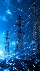 Electric towers against a blue tech-inspired backdrop with glowing connections