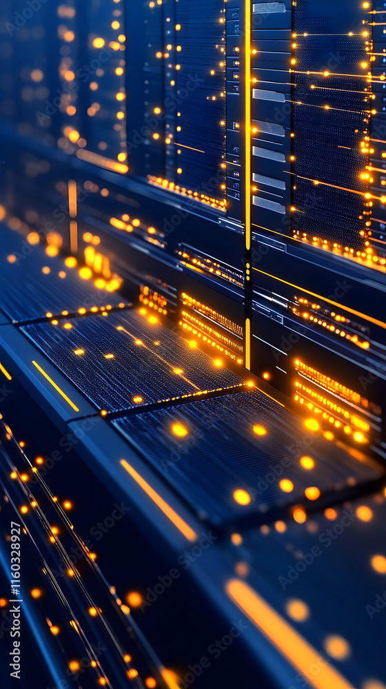 Poster Futuristic data center with glowing lights and intricate server components