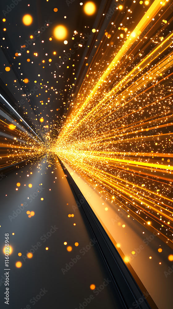 Poster radiant golden light beams with sparkling particles in a dynamic motion blur effect
