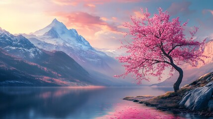 A magnificent and beautiful cherry blossom tree standing alone, with beautiful mountain and lake...