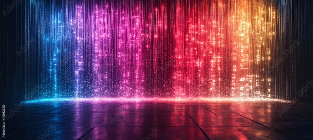 Poster Colorful matrix data rainfall on virtual digital space portal. Wireless data transfer. Generative AI technology.	
