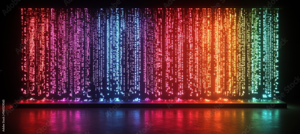 Poster Colorful matrix virtual data rainfall. Wireless data transfer. Generative AI technology.	
