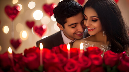 Romantic Couple Candlelit Moment with Red Roses and Heart Decorations : Generative AI