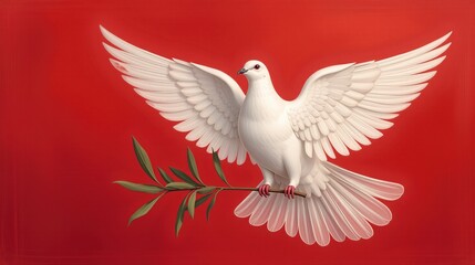 Obraz premium White dove holding olive branch on vibrant red background.