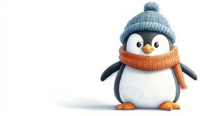 Fototapeta premium A cute, cartoon-style penguin wearing a blue hat and orange scarf, standing against a light background, exuding a playful and cozy vibe.
