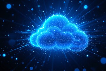 A glowing digital cloud formed by sparkling blue dots with radiating light streaks, set on a dark background. Concept of cloud computing and technology. Ai generative