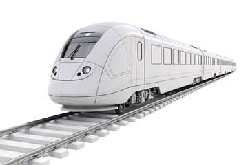 Naklejka premium A pristine white high-speed train with streamlined design on metallic tracks, embodying efficiency, speed, and modern transportation technology, isolated on a transparent background