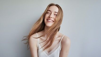 Fototapeta premium Smiling Young Woman With Flowing Hair in a Studio