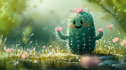 A cheerful, animated cactus character with pink flowers, surrounded by vibrant greenery and blossoms, exuding a whimsical and playful atmosphere.