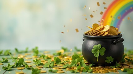  Pot of gold coins with clovers and rainbow background.