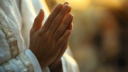 Naklejka premium Peaceful Moment of Prayer Hands Clasped in Calm Contemplation at Sunset : Generative AI