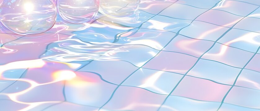 A blue tile floor with a pool of water on it - Powered by Adobe