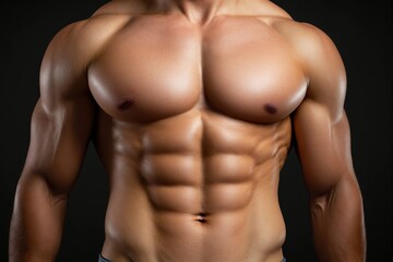 Fototapeta premium Close-up of a muscular male torso showcasing defined abs and chest muscles, captured in realistic detail against a dark background. Fitness concept. Ai generative