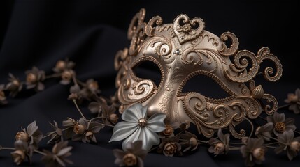 Gold ornate mask with floral accents on black fabric.