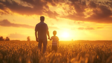 Farmer and son standing together against a vibrant sunset in lush agricultural countryside – celebrating fatherhood, country life, and farming lifestyle