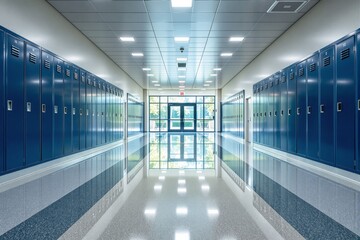 Empty school hallway with rows of blue lockers, glossy polished flooring, white ceiling tiles, and a glass exit door. Concept of education and cleanliness. Ai generative.