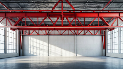Fototapeta premium Red steel beam structure with air conditioning pipes in an industrial warehouse interior under bright daylight