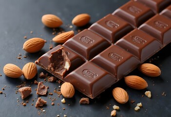 Chocolate bar with crunchy almonds on the table top view
