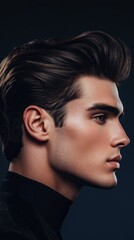 A men's hairstyle banner featuring a sleek, modern quiff with clean lines and volume, shot in 4K to showcase the texture and shine of the hair with a minimalistic background