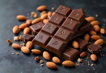 Chocolate bar with crunchy almonds on the table top view
