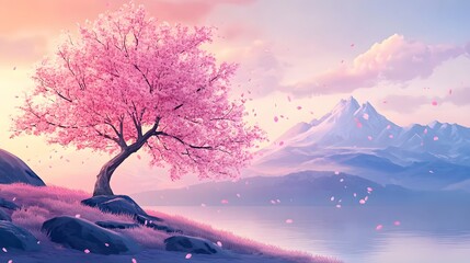 A magnificent and beautiful cherry blossom tree standing alone, with beautiful mountain and lake...