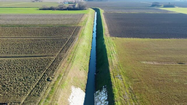 Aerial shots taken with a drone on an irrigation canal during a sunny day
