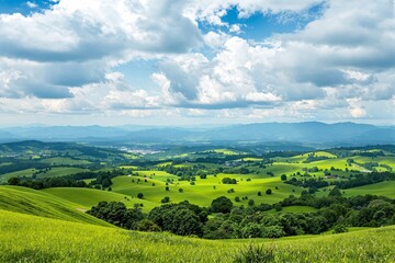 Fototapeta premium Rolling green hills with trees under a vibrant blue sky filled with fluffy clouds, showcasing a peaceful and picturesque natural landscape. Ai generative