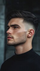 Fototapeta premium A men's hairstyle banner showcasing a stylish buzz cut with subtle texture, captured in high 4K quality with clean lines and a minimalist background
