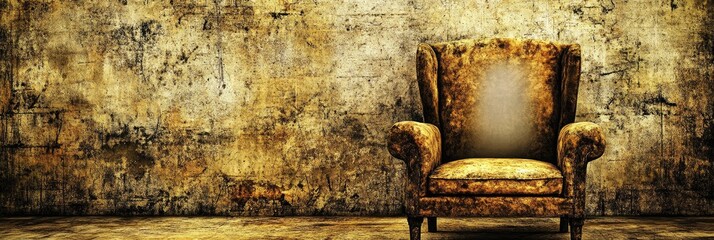An old, worn armchair against a textured, aged wall, evoking nostalgia and solitude.