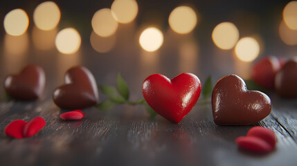 Fototapeta premium Red Chocolate Hearts on Rustic Wooden Table with Bokeh Lights : Generative AI