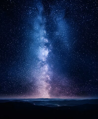 Starry Night Sky with Milky Way Galaxy Over Dark Mountain Landscape : Generative AI