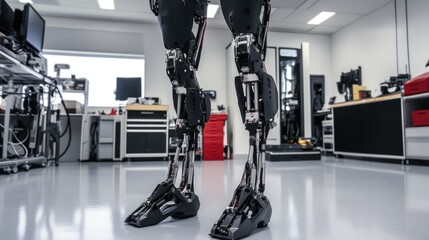 A pair of robotic legs featuring complex mechanical joints, carbon fiber detailing, and seamless integration of technology, standing in a high-tech workshop.