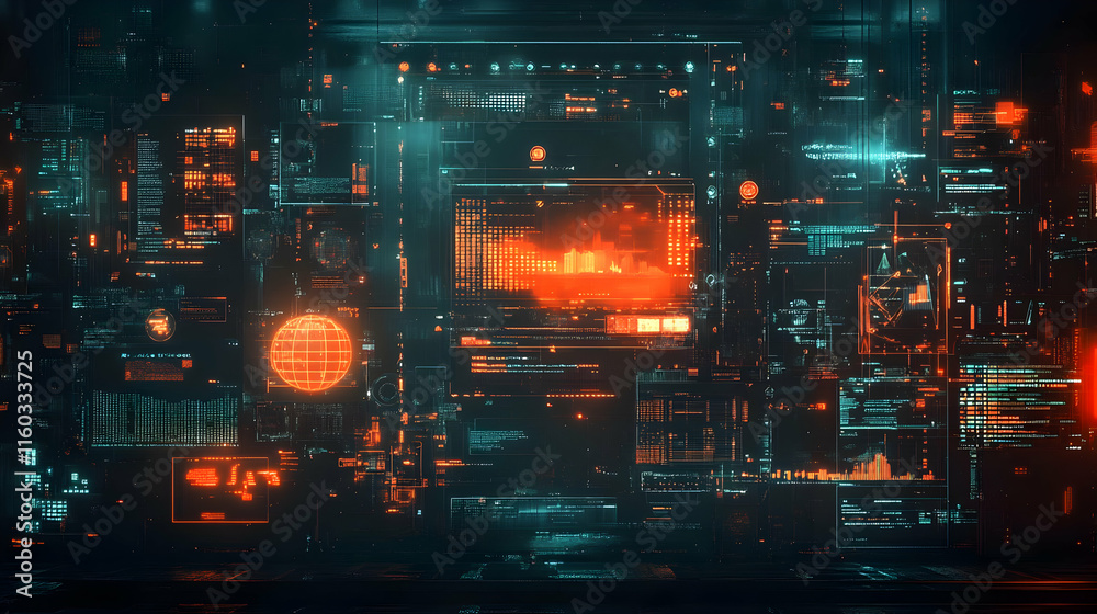 Poster futuristic digital interface with glowing elements and data visualization.