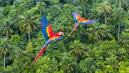 Fototapeta premium Vivid Scarlet Macaws Soaring Over a Dense Tropical Rainforest