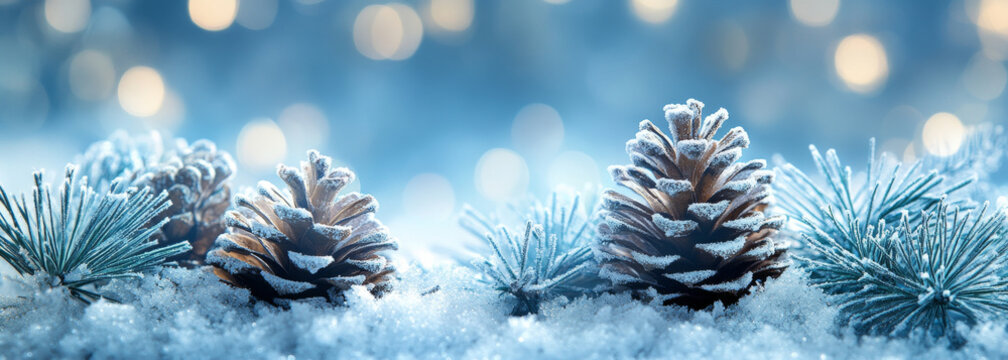 Frosted pine cones and snowy branches create serene winter scene, evoking sense of calm and holiday spirit. soft blue background enhances tranquil atmosphere