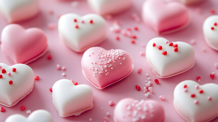Obraz premium Pink and White Heart Shaped Pastries with Sprinkles for Valentine Theme : Generative AI