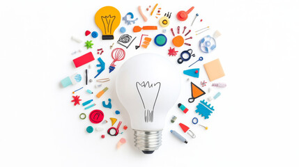 Bright light bulb surrounded by colorful creative icons and shapes, symbolizing innovation and ideas. This vibrant composition inspires creativity and imagination