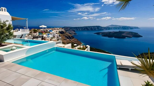 Santorini Infinity Pool: An infinity pool overlooking the stunning Aegean Sea, with the iconic white-washed houses and the volcanic caldera in the distance.