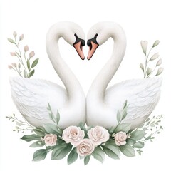 Obraz premium Two elegant swans form a heart shape, surrounded by soft greenery and delicate roses, symbolizing love and harmony.