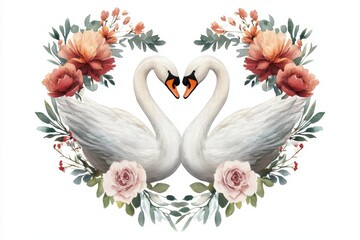 Obraz premium Two elegant swans form a heart shape, surrounded by beautiful flowers, symbolizing love and harmony.